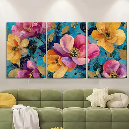 3pcs Abstract Floral Painting in Golden Floating Metal Print Ready to Hang Art - Bella Home Decor
