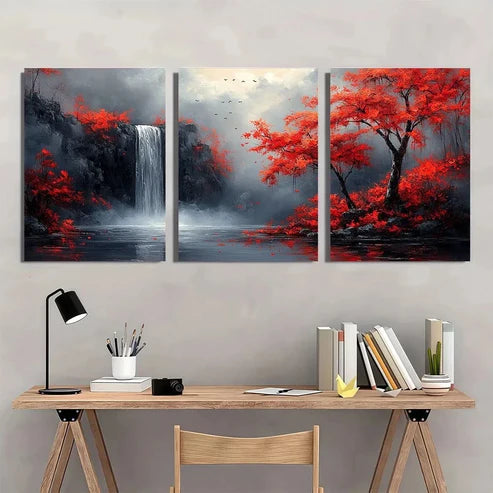 3pcs Red Trees And Waterfalls Black White Wall Art Set Canvas Unframed - High Quality Print 100% Australian Made Wall Canvas