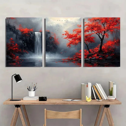 3pcs Red Trees And Waterfalls Black White Wall Art Set Canvas Unframed - High Quality Print 100% Australian Made Wall Canvas