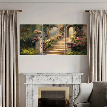 3pcs Garden Pathway Stone Steps Pink Roses Metal Print Ready to Hang Art - Bella Home Decor