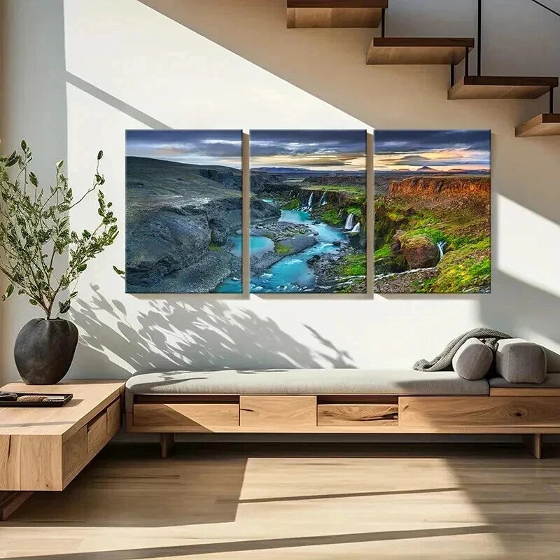 3pcs Canyon Waterfall and River Plain  Wall Art Set Canvas Framed 50x70cm - High Quality Print 100% Australian Made Wall Canvas Ready to Hang - Bella Home Decor