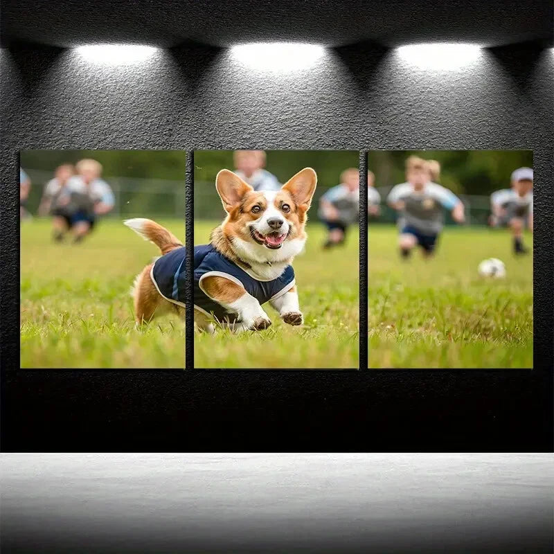 3pcs Dog in School Uniform Playing Football Metal Print Ready to Hang Art - Bella Home Decor