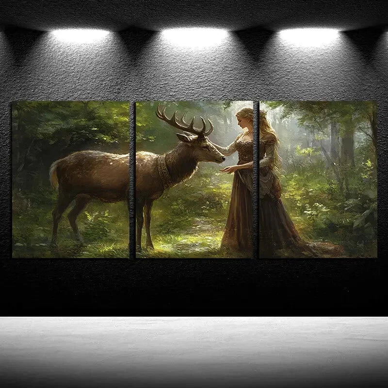 3pcs Girl holding a Deer in the Forest Metal Print Ready to Hang Art - Bella Home Decor
