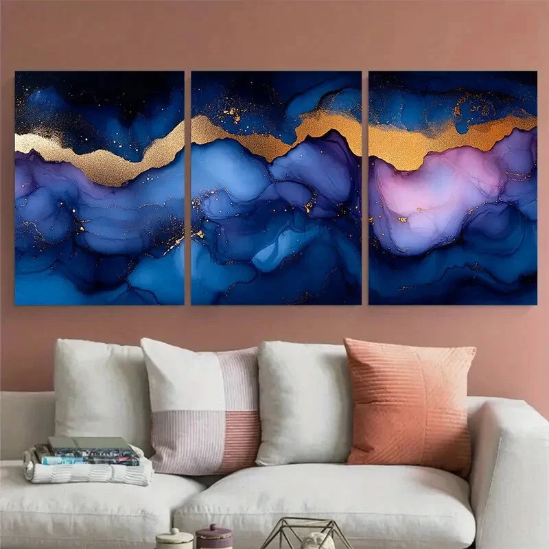 3pcs Abstract Marbling in Blue Purple Golden Metal Print Ready to Hang Art - Bella Home Decor