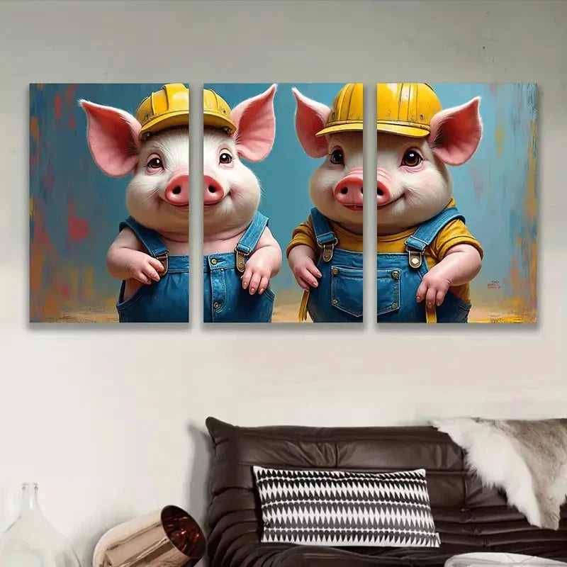 3pcs Funny Pig Illustration Wall Art Set Canvas Framed 40x60cm - High Quality Print 100% Australian Made Wall Canvas Ready to Hang - Bella Home Decor