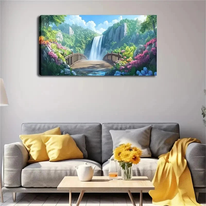 Flowing Waterfall And Stone Wall Art Canvas Office Home Room Framed 120x60cm