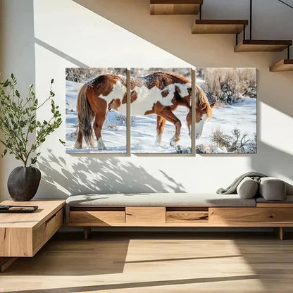 3pcs Snowy Landscape with Brown and White Horse Wall Art Canvas Unframed - High Quality Print 100% Australian Made Wall Canvas