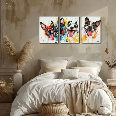 3pcs Four Cute Dog Heads Wall Art Set Canvas Unframed - High Quality Print 100% Australian Made Wall Canvas - Bella Home Decor