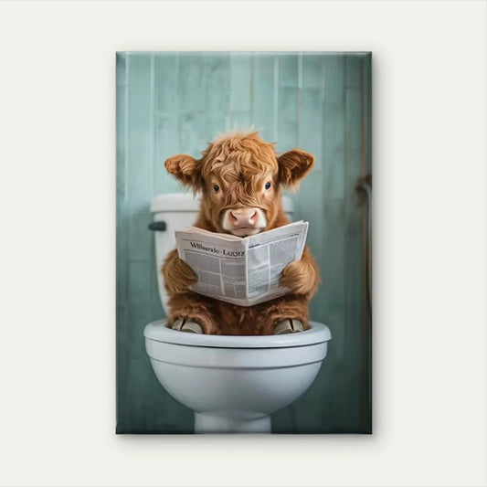 Whimsical Calf Reading on Toilet 60x90cm Metal Print Ready to Hang