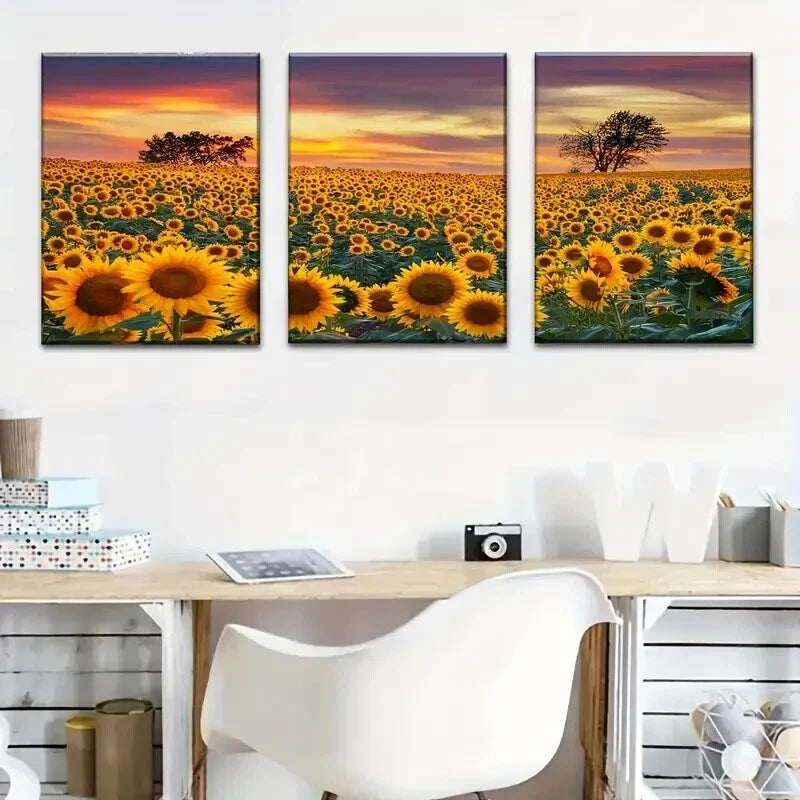 3pcs Sunflower Field Sunset Décor Perfect Wall Art Set Canvas Framed 40x60cm - High Quality Print 100% Australian Made Wall Canvas Ready to Hang - Bella Home Decor