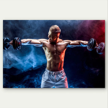 Athlete Lifting Dumbbells with Smoke 5mm Plastic Poster Ready to Hang 90x60cm
