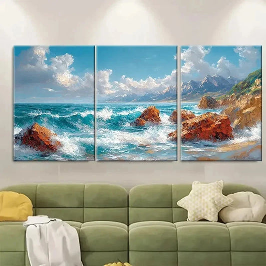 3pcs Rocky Turquoise Seascape DF Wall Art Set Canvas Framed 50x70cm - High Quality Print 100% Australian Made Wall Canvas Ready to Hang