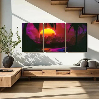 3pcs Sunset Cityscape Vaporwave Aesthetic Wall Art Set Canvas Framed 40x60cm - High Quality Print 100% Australian Made Wall Canvas Ready to Hang - Bella Home Decor