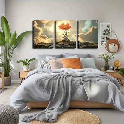 3pcs Vibrant Orange Flower On Rocks Perfect Wall Art Set Canvas Framed 40x60cm - High Quality Print 100% Australian Made Wall Canvas Ready to Hang - Bella Home Decor