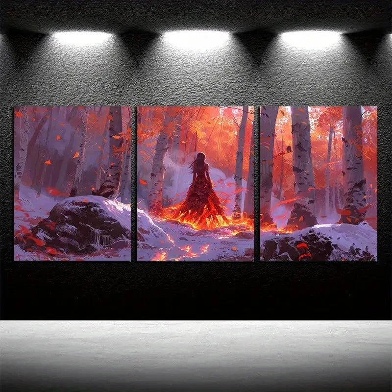 3pcs Forest Woman Sitting Scene Metal Print Ready to Hang Art - Bella Home Decor