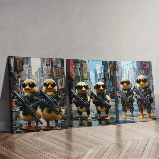 3pcs Two cute baby ducks in cyberpunk armor Wall Art Set Canvas Framed 40x60cm - High Quality Print 100% Australian Made Wall Canvas Ready to Hang