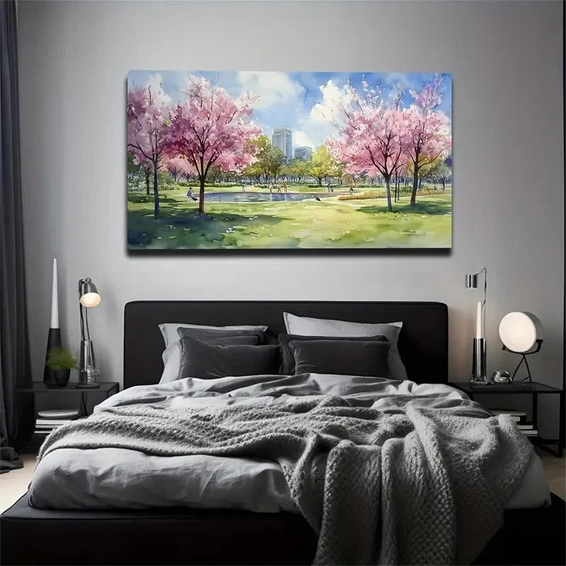 Cherry Blossom Park Landscape Wall Art Canvas Office Home Room Framed 120x60cm