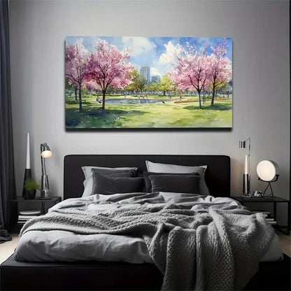 Cherry Blossom Park Landscape Wall Art Canvas Office Home Room Framed 120x60cm