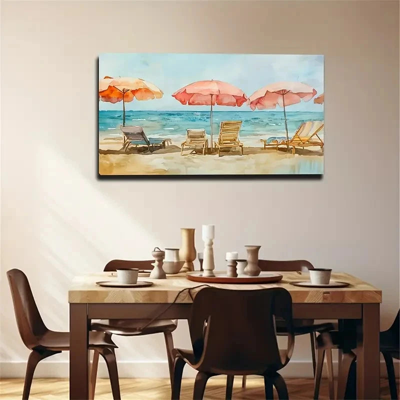 Sunshade Facing The Sea Beach Wall Art Canvas Office Home Room Framed 120x60cm