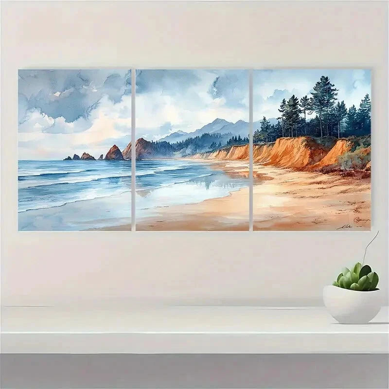 3pcs  Coastal Cliffs & Ocean Shore Landscape Paint Metal Print Ready to Hang Art - Bella Home Decor
