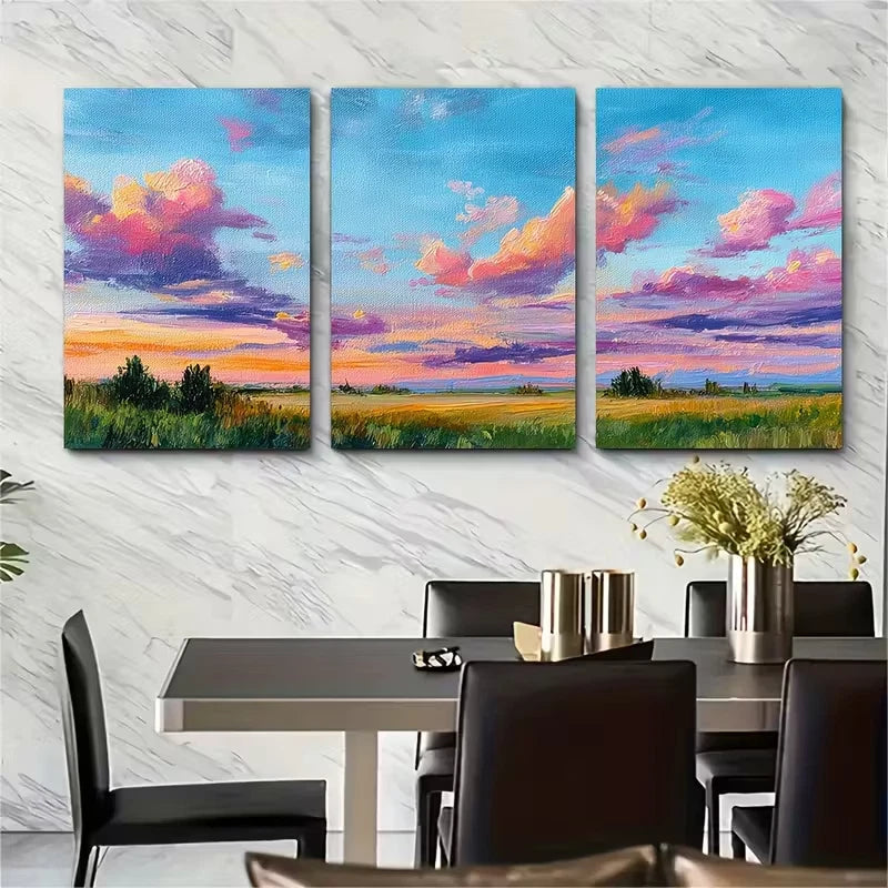 3pcs Sunset Cloud & Summer Field Meadow Metal Print Ready to Hang Art