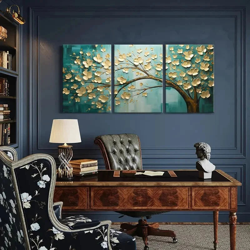 3pcs Golden Blossoms Abstract Floral Art Metal Print Ready to Hang Art - Bella Home Decor