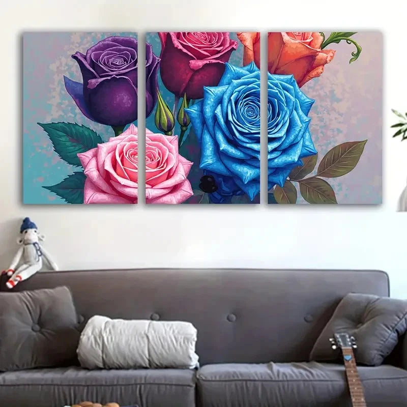 3pcs Roses With Blue Purple & Pink Blooms Wall Art Set Canvas Framed 40x60cm - High Quality Print 100% Australian Made Wall Canvas Ready to Hang