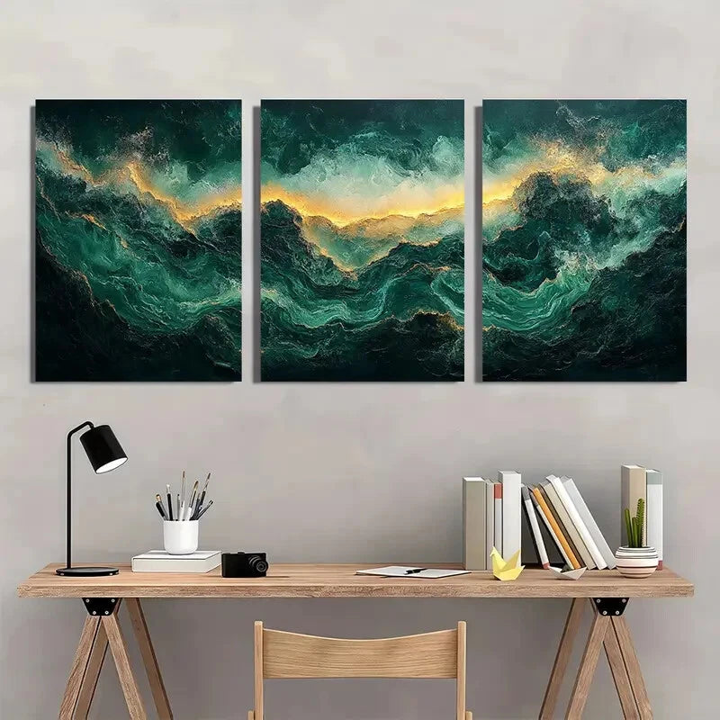 3pcs Emerald Green Abstract Modern Art Metal Print Ready to Hang Art - Bella Home Decor