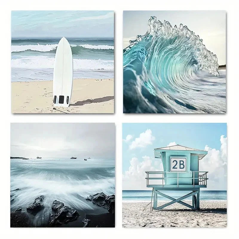 4pcs Summer Melody Surf Ocean Picture Wall Art Canvas Framed