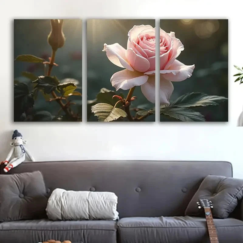 3pcs Pink Rose Floral Spray Paint Vertical Decor Wall Art Set Canvas Framed 50x70cm - High Quality Print 100% Australian Made Wall Canvas Ready to Hang