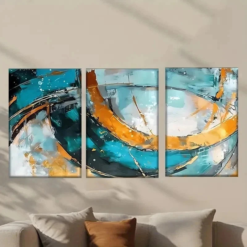 3pcs Blue and Orange Abstract Wall Art Set Canvas Framed 50x70cm - High Quality Print 100% Australian Made Wall Canvas Ready to Hang - Bella Home Decor