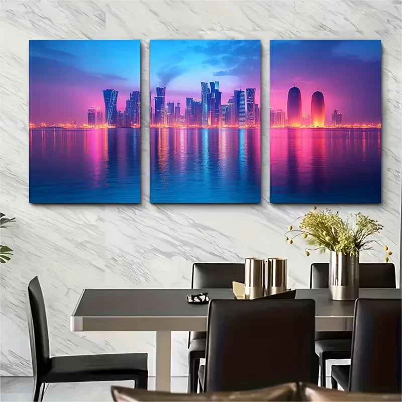 3pcs Doha Cityscape Night Metal Print Ready to Hang Art - Bella Home Decor