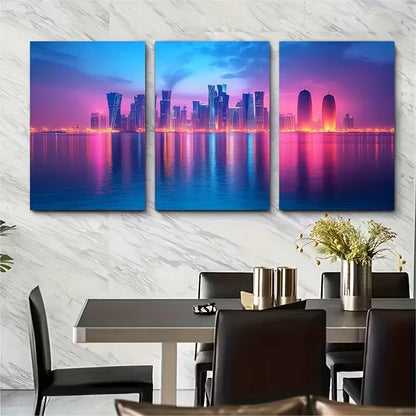 3pcs Doha Cityscape Night Metal Print Ready to Hang Art - Bella Home Decor