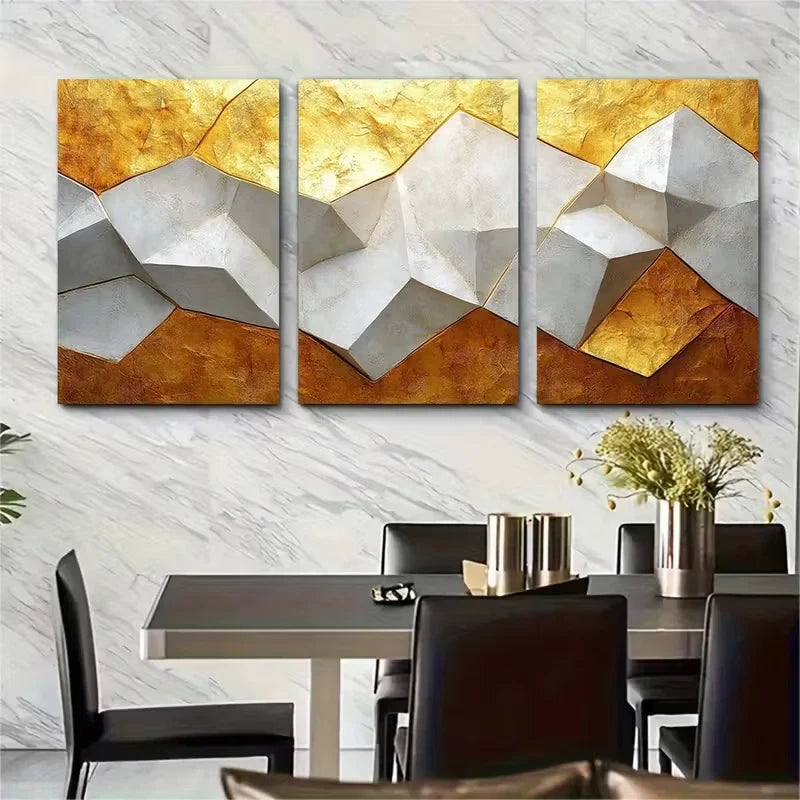 3pcs Geometric White Golden Metal Print Ready to Hang Art - Bella Home Decor