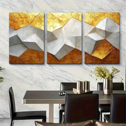3pcs Geometric White Golden Metal Print Ready to Hang Art - Bella Home Decor