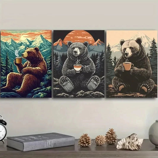 3pcs A Grizzly Bear Sipping Coffee Wall Art Set Canvas Framed 50x70cm - High Quality Print 100% Australian Made Wall Canvas Ready to Hang