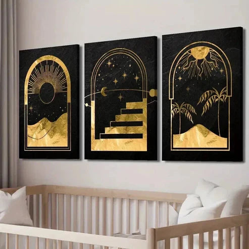 3pcs Abstract Mystical Golden Moon & Sun Wall Art Set Canvas Unframed - High Quality Print 100% Australian Made Wall Canvas - Bella Home Decor