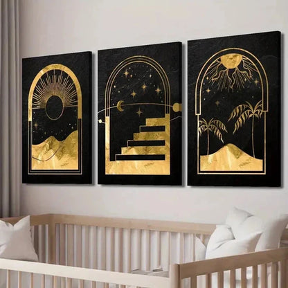 3pcs Abstract Mystical Golden Moon & Sun Wall Art Set Canvas Unframed - High Quality Print 100% Australian Made Wall Canvas - Bella Home Decor