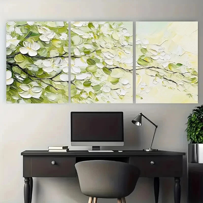 3pcs White Floral Blossom Green Nature Metal Print Ready to Hang Art - Bella Home Decor