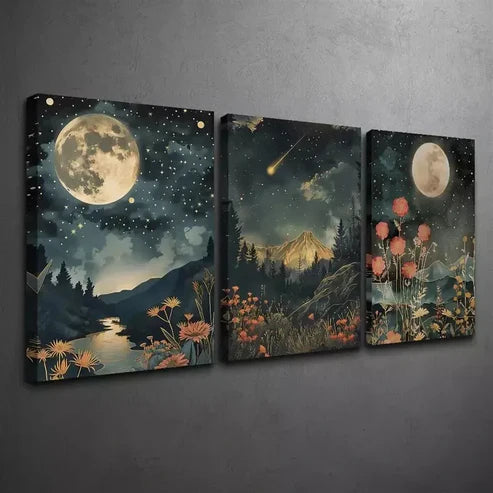 3pcs Moon & Wildflowers Mountain Art Set Canvas Unframed - High Quality Print 100% Australian Made Wall Canvas