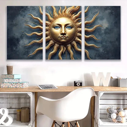 3pcs Golden Sun with Human Face, Blue & Golden  Wall Art Set Canvas Framed 60x90cm - High Quality Print 100% Australian Made Wall Canvas Ready to Hang - Bella Home Decor