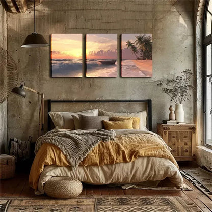 3pcs Tropical Seascape with Palm Trees & Rowboat Wall Art Canvas Unframed - High Quality Print 100% Australian Made Wall Canvas