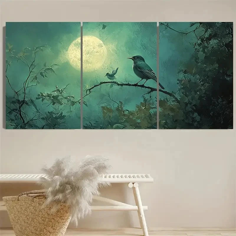 3pcs Vintage Nightingale on Moonlit Branch Wall Art Set Canvas Framed 50x70cm - High Quality Print 100% Australian Made Wall Canvas Ready to Hang - Bella Home Decor