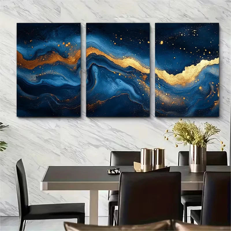 3pcs Elegant Blue and Golden Marbled Abstract Metal Print Ready to Hang Art