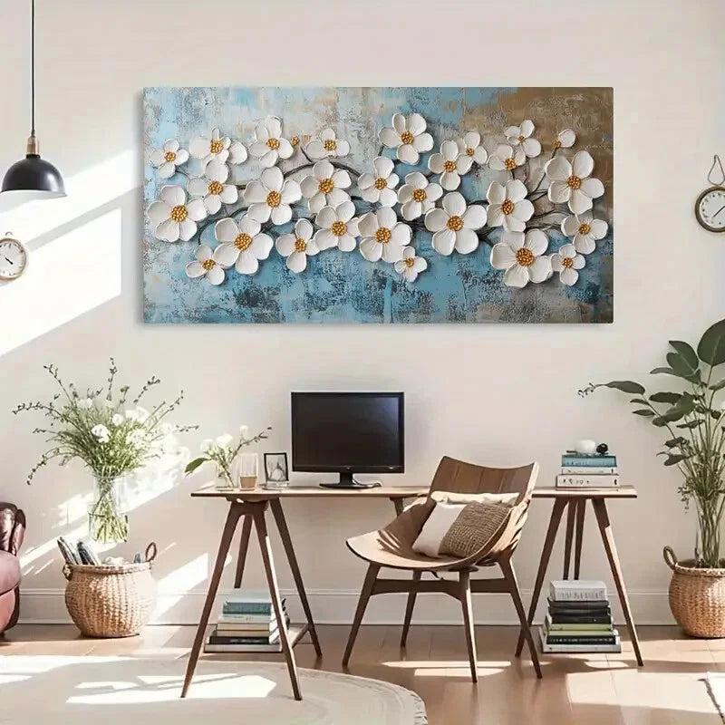 Elegant White Petals & Golden Wall Art Canvas Office Home Room Framed 120x60cm - Bella Home Decor