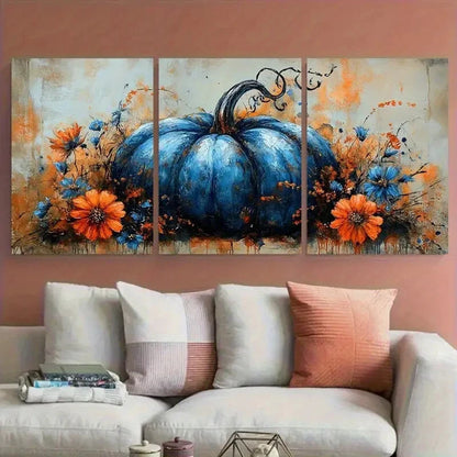 3pcs Autumn Floral Blue Orange Harvest Pumpkin Metal Print Ready to Hang Art