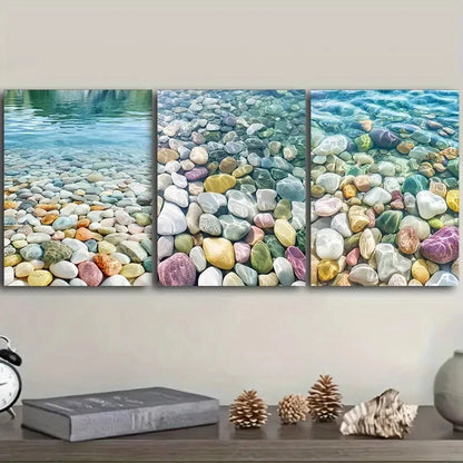 3pcs Colored stones by the river Wall Art Set Canvas Framed 60x90cm - High Quality Print 100% Australian Made Wall Canvas Ready to Hang - Bella Home Decor