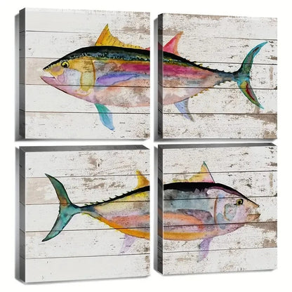 4pcs  Nautical Tuna Fish Canvas Prints Wall Art Canvas Framed