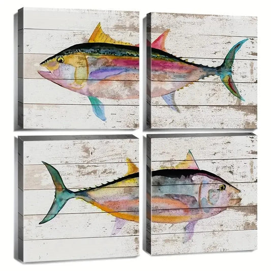 4pcs  Nautical Tuna Fish Canvas Prints Wall Art Canvas Framed