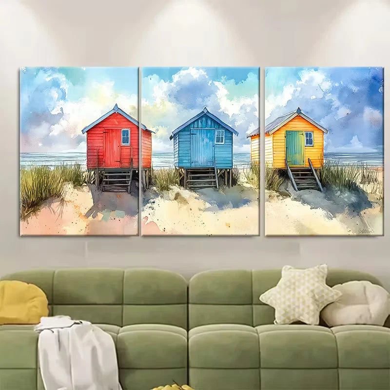 3pcs Watercolour Beach Hut Metal Print Ready to Hang Art